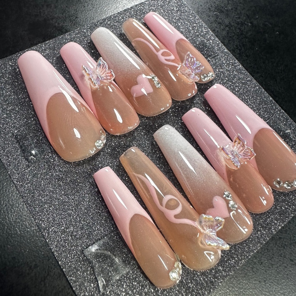 Long Coffin pink French tip with butterfly gems handmade press on nails